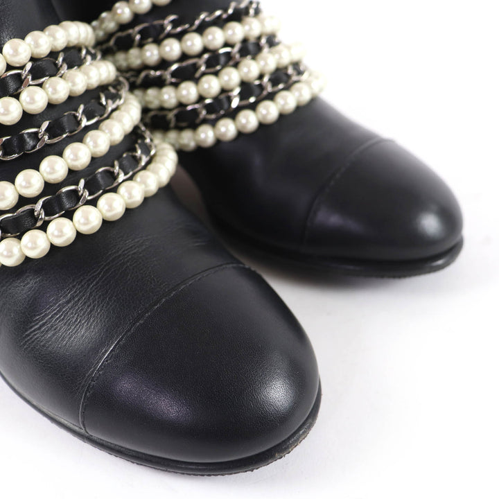 Excellent CHANEL short boots COCO Mark Faux Pearl Chain Leather black 36 G33931