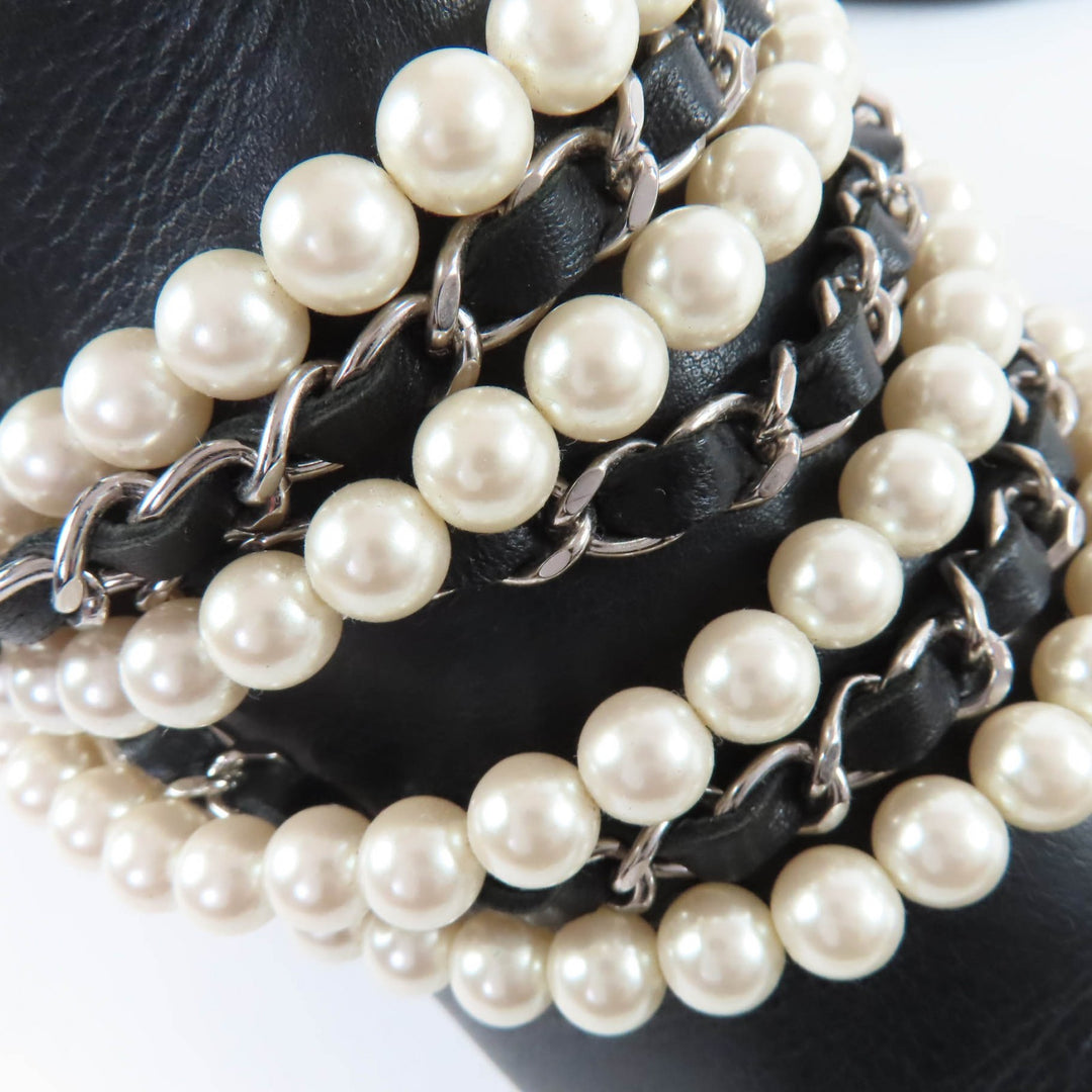 Excellent CHANEL short boots COCO Mark Faux Pearl Chain Leather black 36 G33931