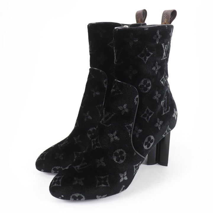 Excellent LOUIS VUITTON short boots Silhouette Line Monogram Velour black 37.5