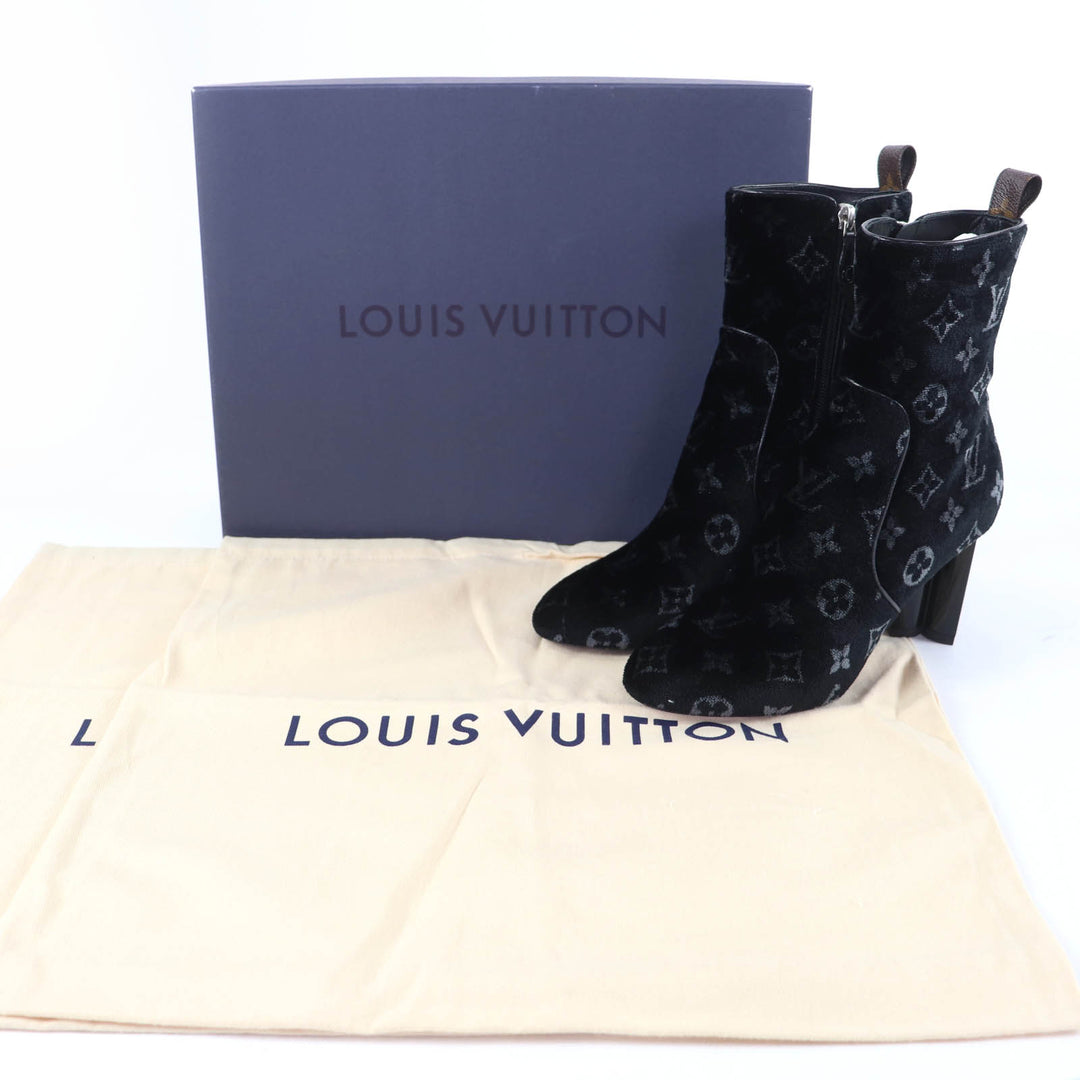 Excellent LOUIS VUITTON short boots Silhouette Line Monogram Velour black 37.5