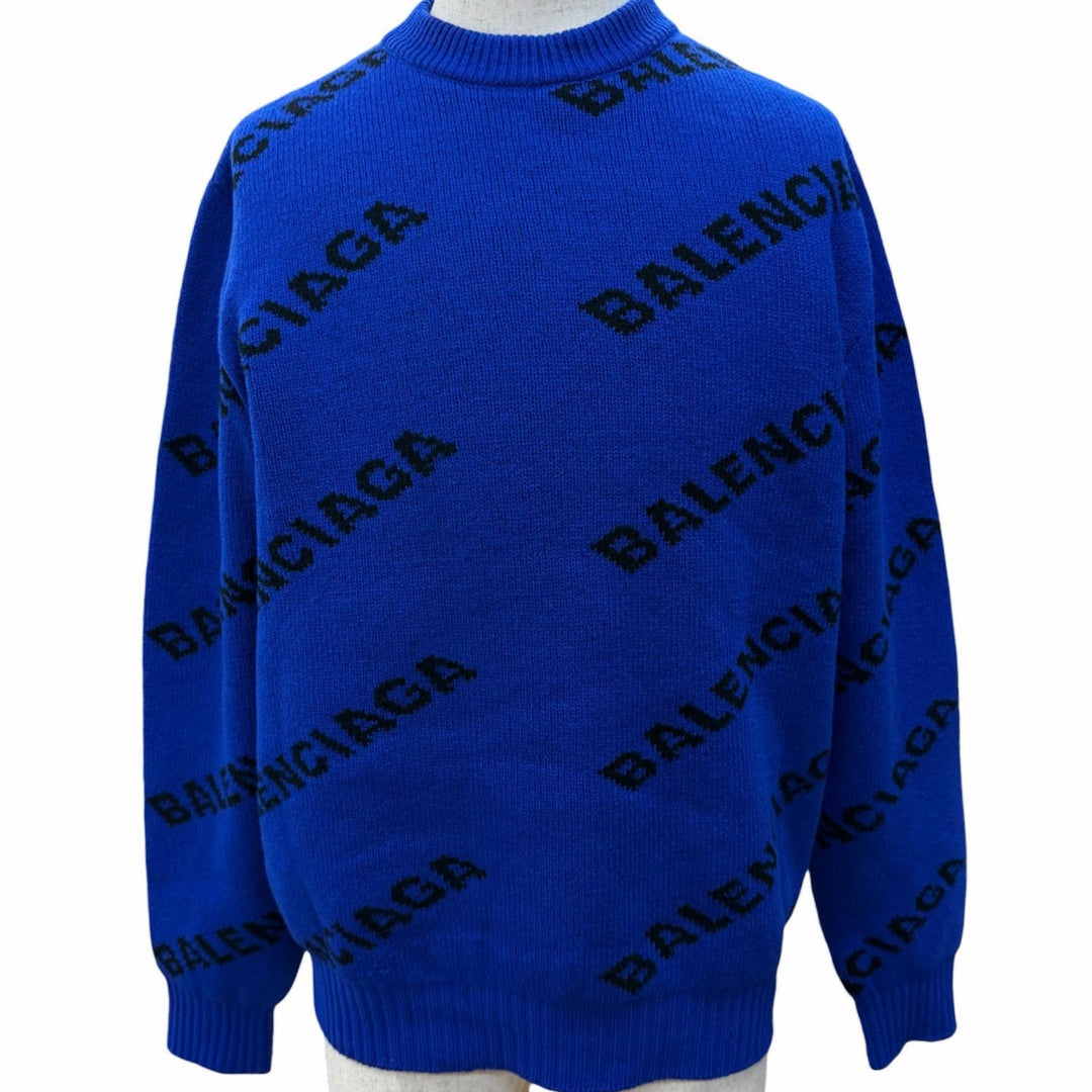 Great BALENCIAGA sweater All-over logo crew neck knit blue wool mens M 555486