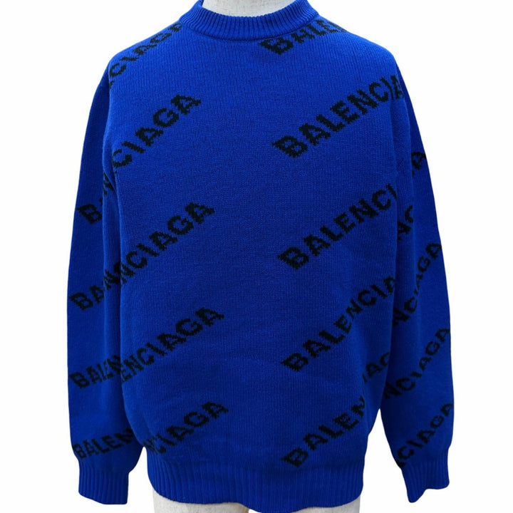Great BALENCIAGA sweater All-over logo crew neck knit blue wool mens M 555486