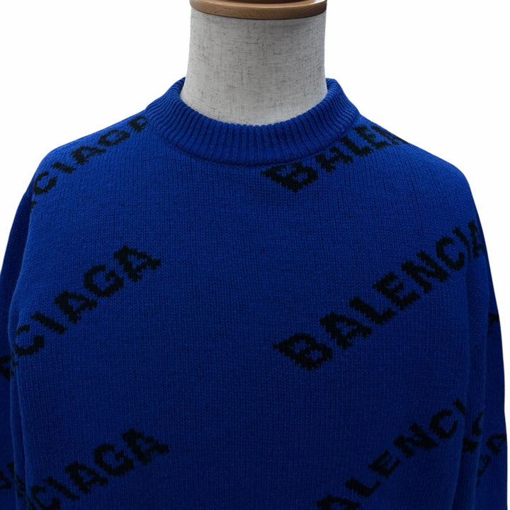 Great BALENCIAGA sweater All-over logo crew neck knit blue wool mens M 555486