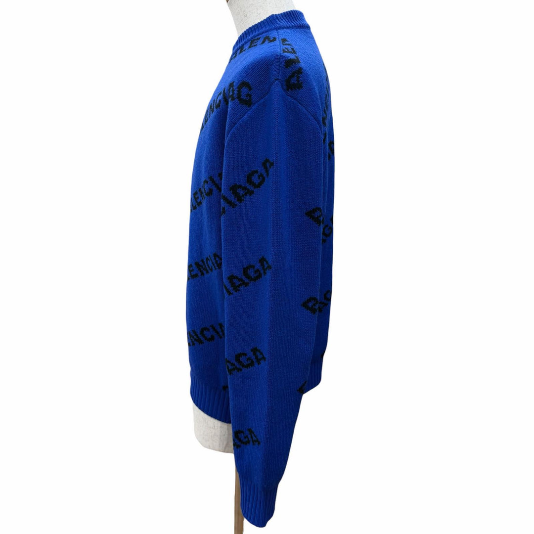 Great BALENCIAGA sweater All-over logo crew neck knit blue wool mens M 555486