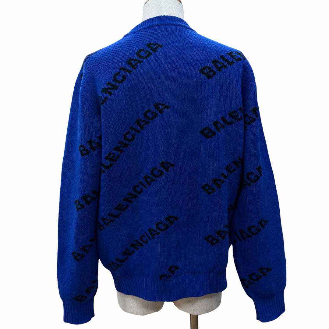 Great BALENCIAGA sweater All-over logo crew neck knit blue wool mens M 555486