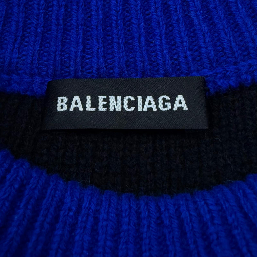 Great BALENCIAGA sweater All-over logo crew neck knit blue wool mens M 555486