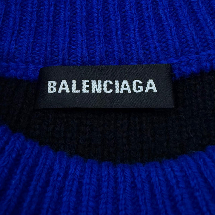 Great BALENCIAGA sweater All-over logo crew neck knit blue wool mens M 555486