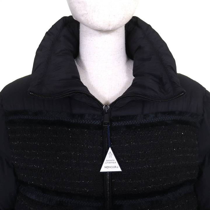 Pristine MONCLER Down jacket AUCUN Logo patch, tweed trim, stand collar black 3