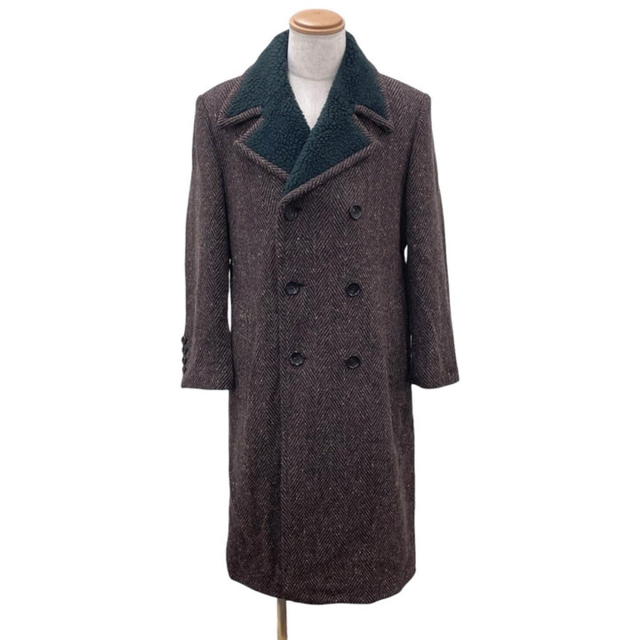 Great JOHN LAWRENCE SULLIVAN coat Herringbone boa collar Brown wool mens 44