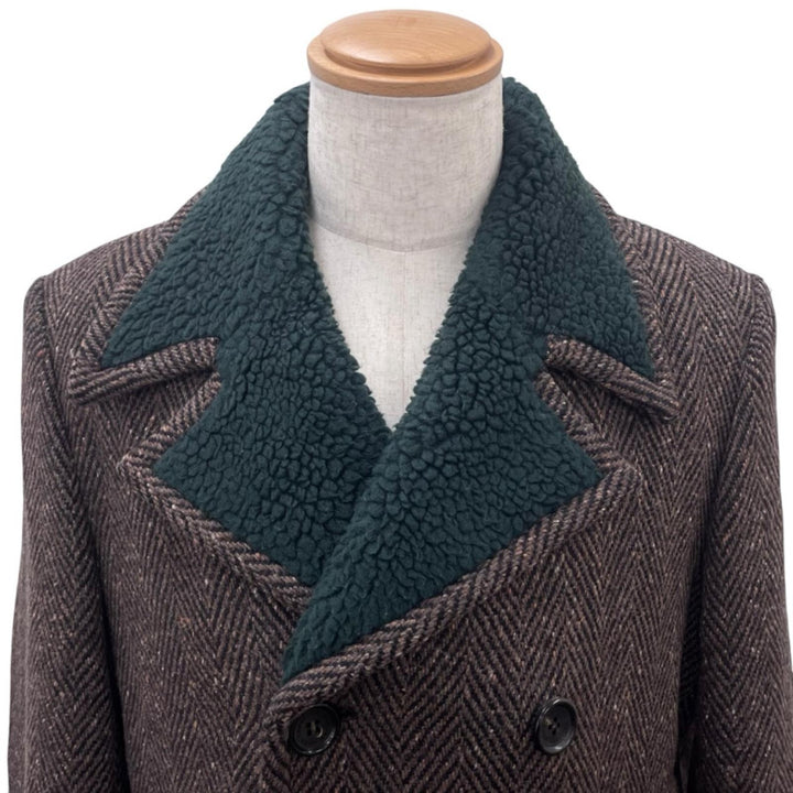 Great JOHN LAWRENCE SULLIVAN coat Herringbone boa collar Brown wool mens 44