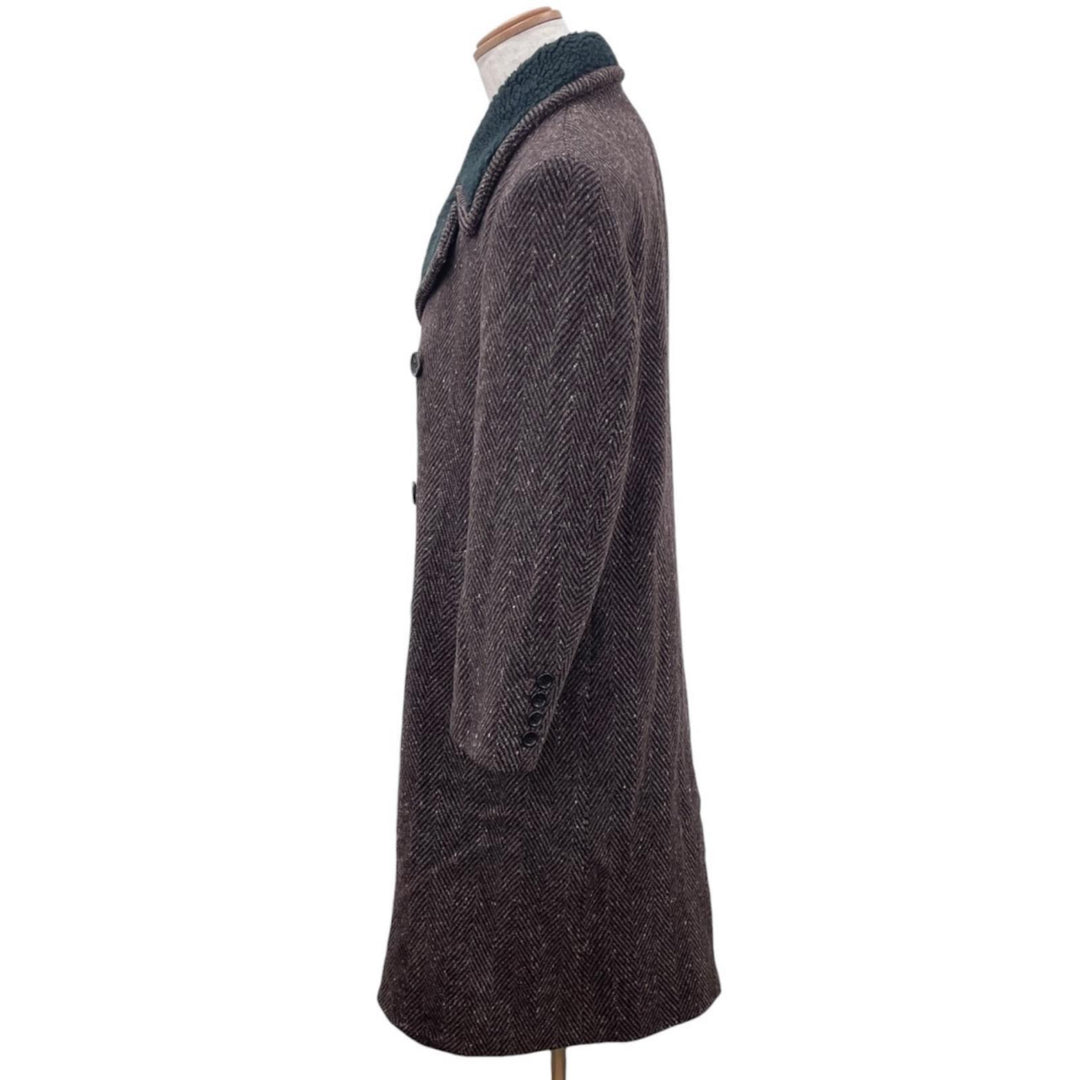 Great JOHN LAWRENCE SULLIVAN coat Herringbone boa collar Brown wool mens 44