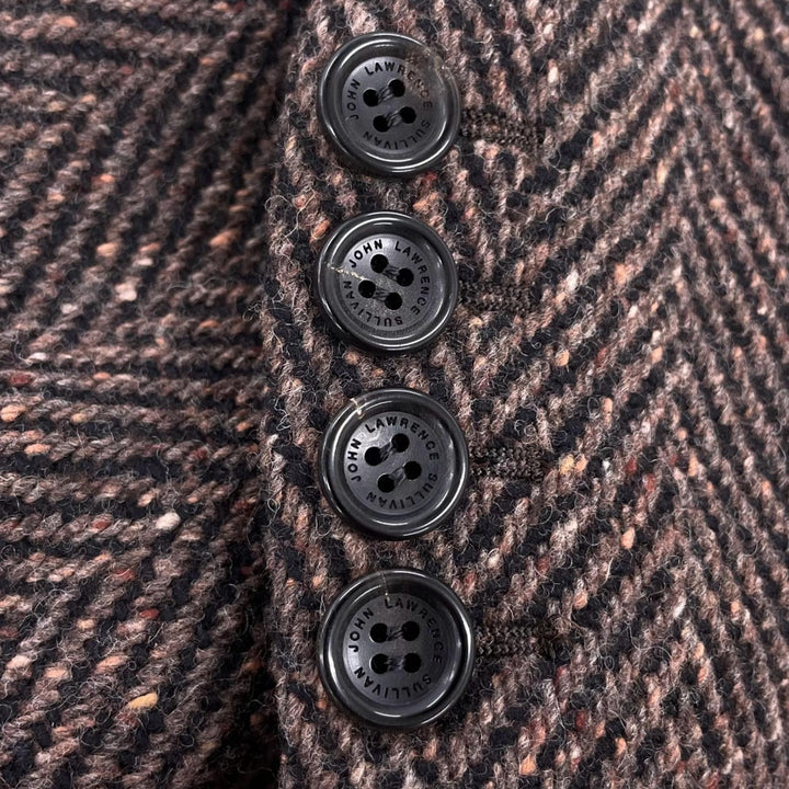 Great JOHN LAWRENCE SULLIVAN coat Herringbone boa collar Brown wool mens 44