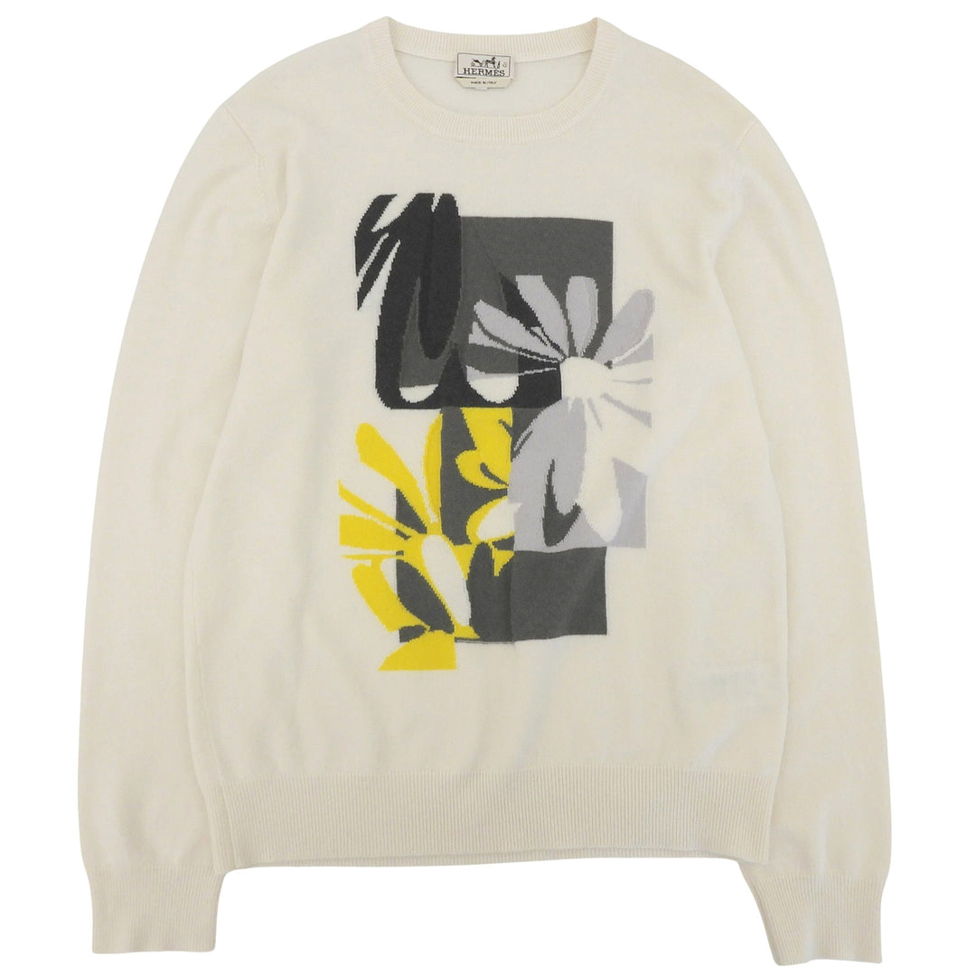 Excellent HERMES sweater Puzzle Floral Knit Ivory cashmere mens L 21-5710