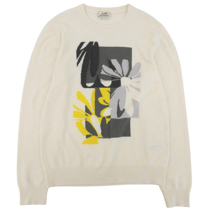 Excellent HERMES sweater Puzzle Floral Knit Ivory cashmere mens L 21-5710