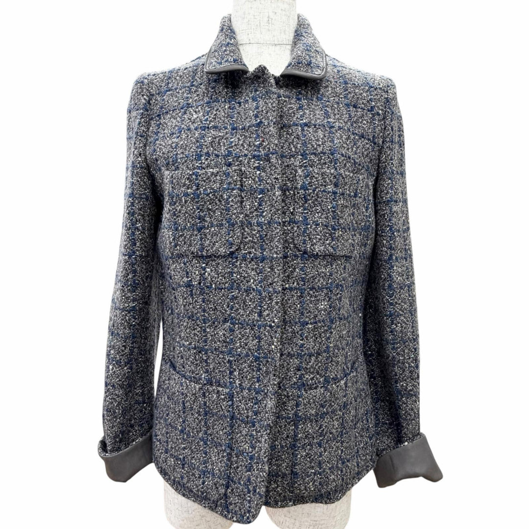 Excellent Loro Piana Jacket Checkered pattern, leather cuffs, tweed 40 FAG3268