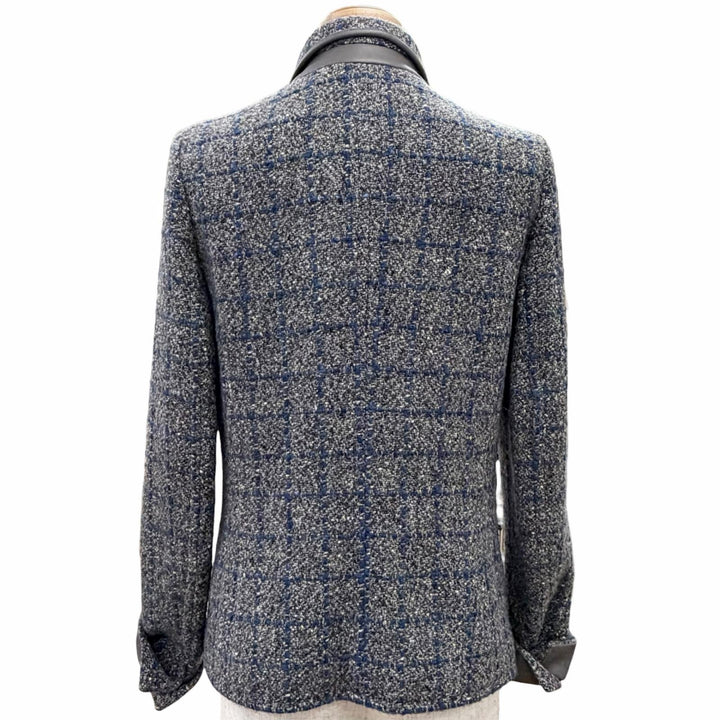 Excellent Loro Piana Jacket Checkered pattern, leather cuffs, tweed 40 FAG3268
