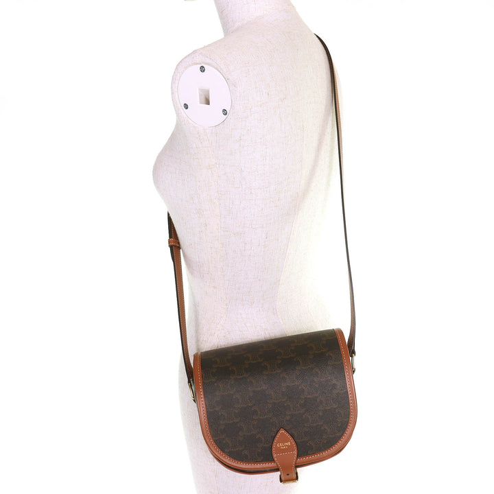 Excellent CELINE Shoulder Bag Medium Folco Tan Triomphe canvas Women 19150