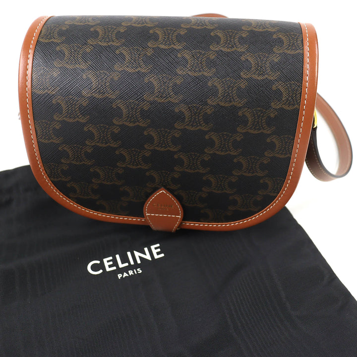 Excellent CELINE Shoulder Bag Medium Folco Tan Triomphe canvas Women 19150