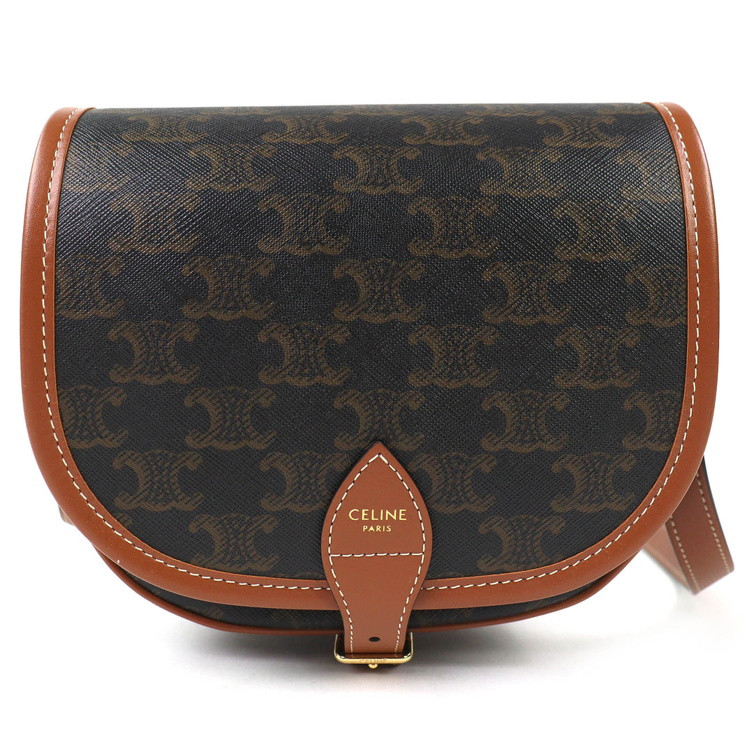 Excellent CELINE Shoulder Bag Medium Folco Tan Triomphe canvas Women 19150