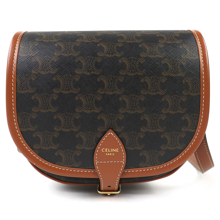 Excellent CELINE Shoulder Bag Medium Folco Tan Triomphe canvas Women 19150