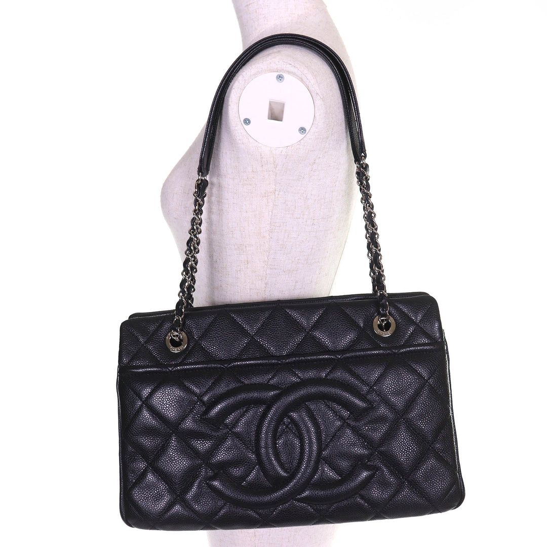 Excellent CHANEL Tote Bag COCO Mark Matrasse Chain black Caviar skin A67294