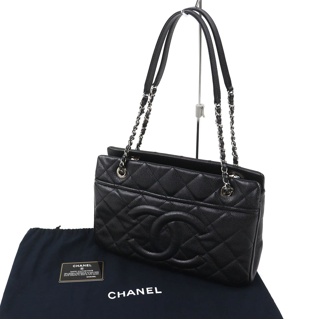 Excellent CHANEL Tote Bag COCO Mark Matrasse Chain black Caviar skin A67294