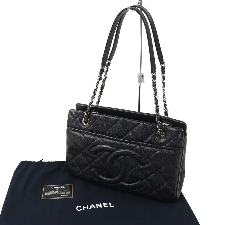 Excellent CHANEL Tote Bag COCO Mark Matrasse Chain black Caviar skin A67294