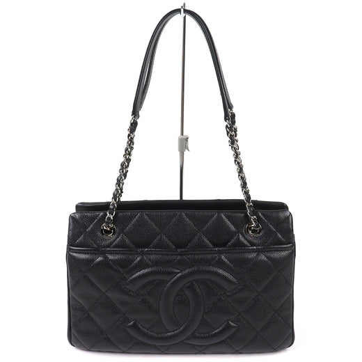 Excellent CHANEL Tote Bag COCO Mark Matrasse Chain black Caviar skin A67294