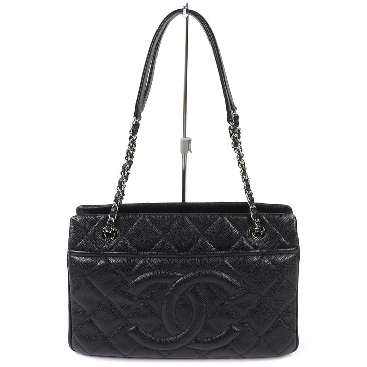 Excellent CHANEL Tote Bag COCO Mark Matrasse Chain black Caviar skin A67294