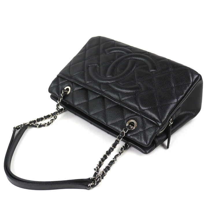 Excellent CHANEL Tote Bag COCO Mark Matrasse Chain black Caviar skin A67294