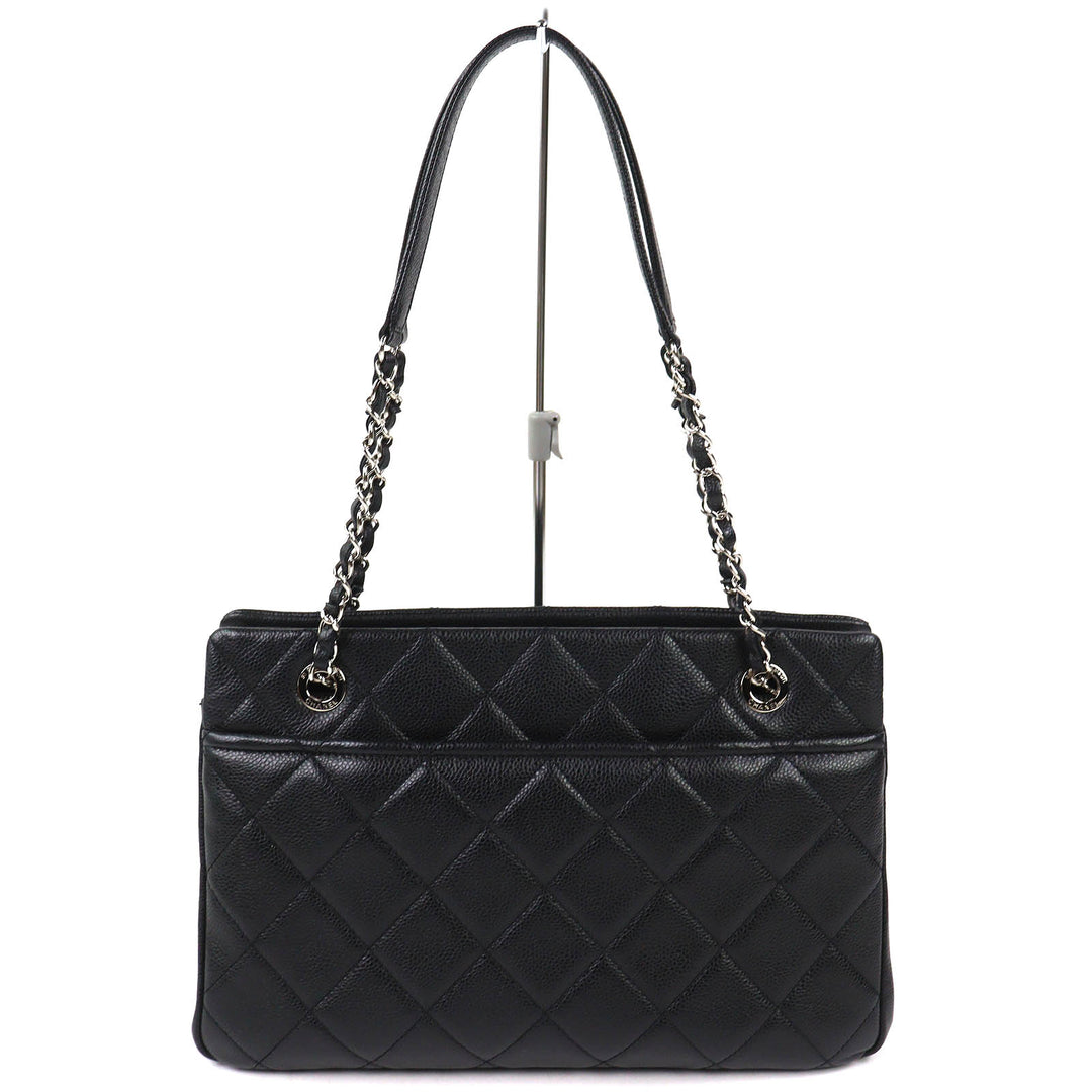 Excellent CHANEL Tote Bag COCO Mark Matrasse Chain black Caviar skin A67294