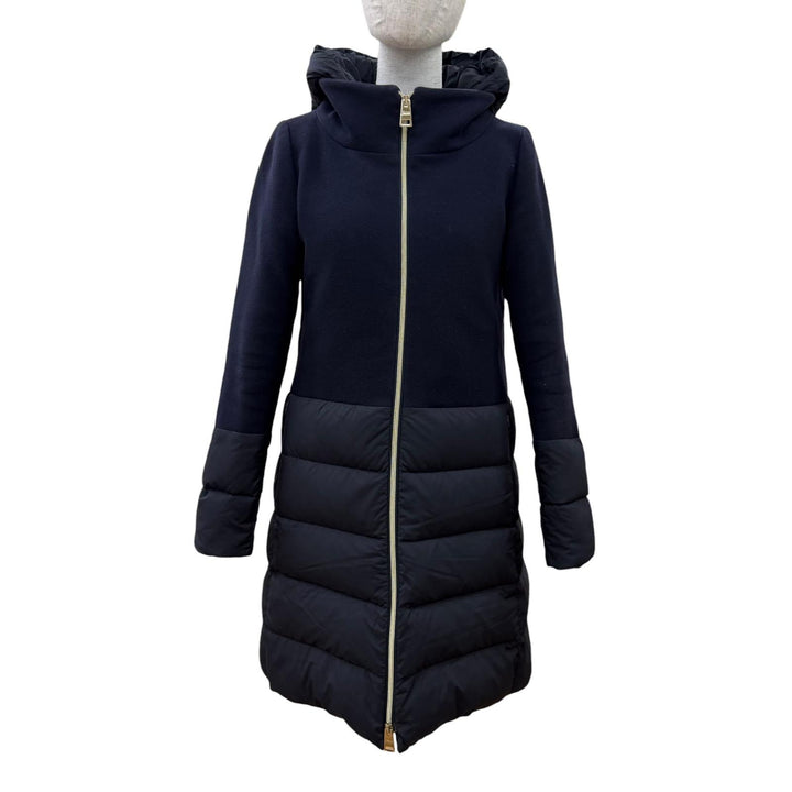 Great Herno down coat Switching design with hood Navy wool Women 40 PI0848D