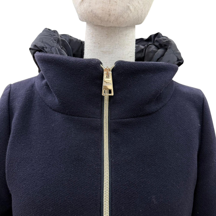 Great Herno down coat Switching design with hood Navy wool Women 40 PI0848D