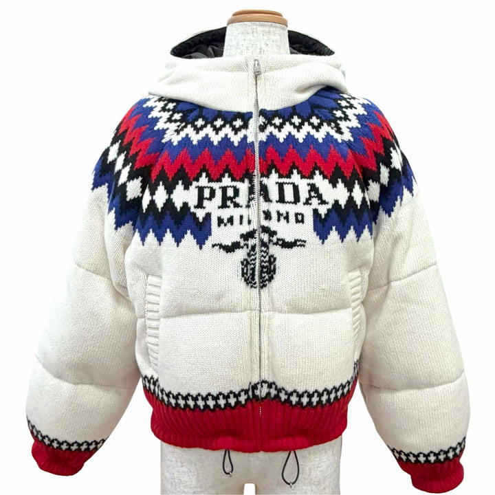 Great PRADA Down jacket Nordic Pattern Logo Hooded Jacket white IT 36 292029