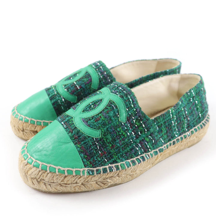 Excellent CHANEL shoes COCO Mark Fabric Espadrilles Tweed green Women 35 G29762