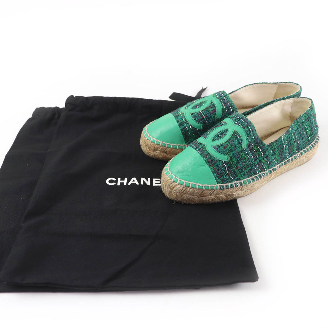 Excellent CHANEL shoes COCO Mark Fabric Espadrilles Tweed green Women 35 G29762