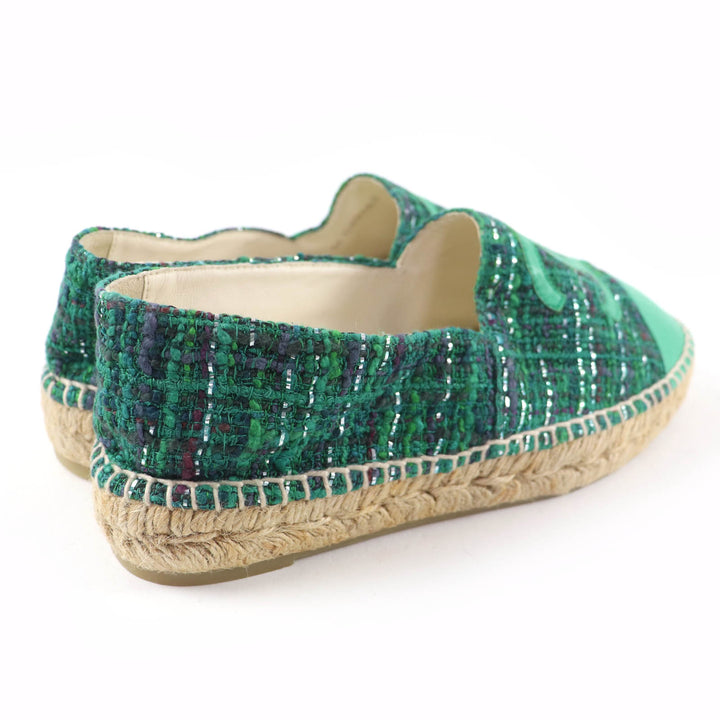 Excellent CHANEL shoes COCO Mark Fabric Espadrilles Tweed green Women 35 G29762