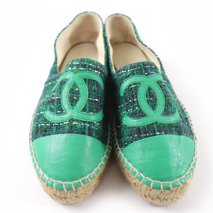 Excellent CHANEL shoes COCO Mark Fabric Espadrilles Tweed green Women 35 G29762