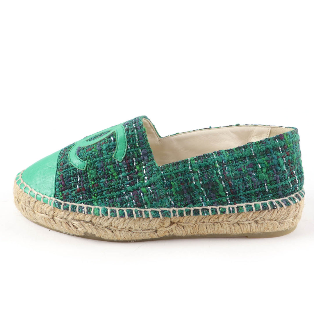 Excellent CHANEL shoes COCO Mark Fabric Espadrilles Tweed green Women 35 G29762
