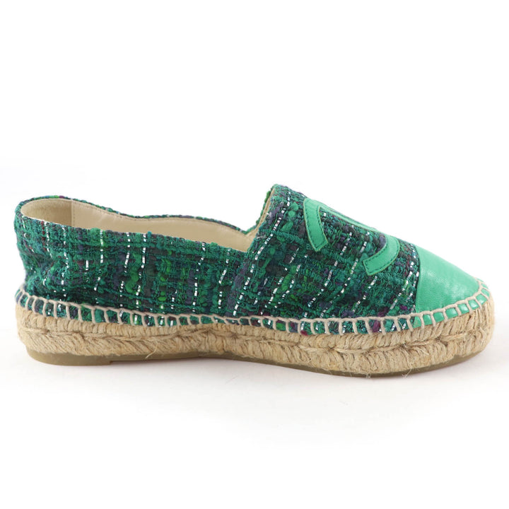 Excellent CHANEL shoes COCO Mark Fabric Espadrilles Tweed green Women 35 G29762