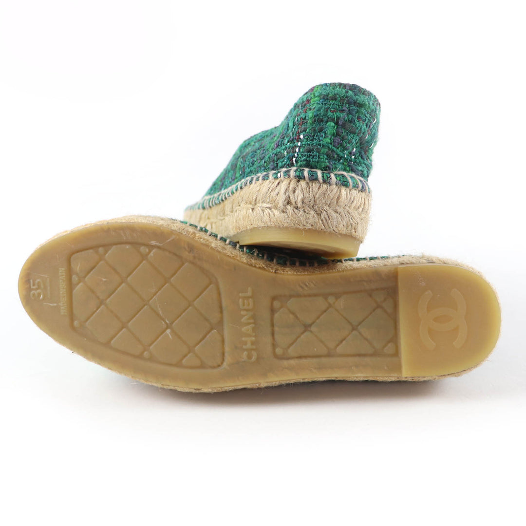 Excellent CHANEL shoes COCO Mark Fabric Espadrilles Tweed green Women 35 G29762