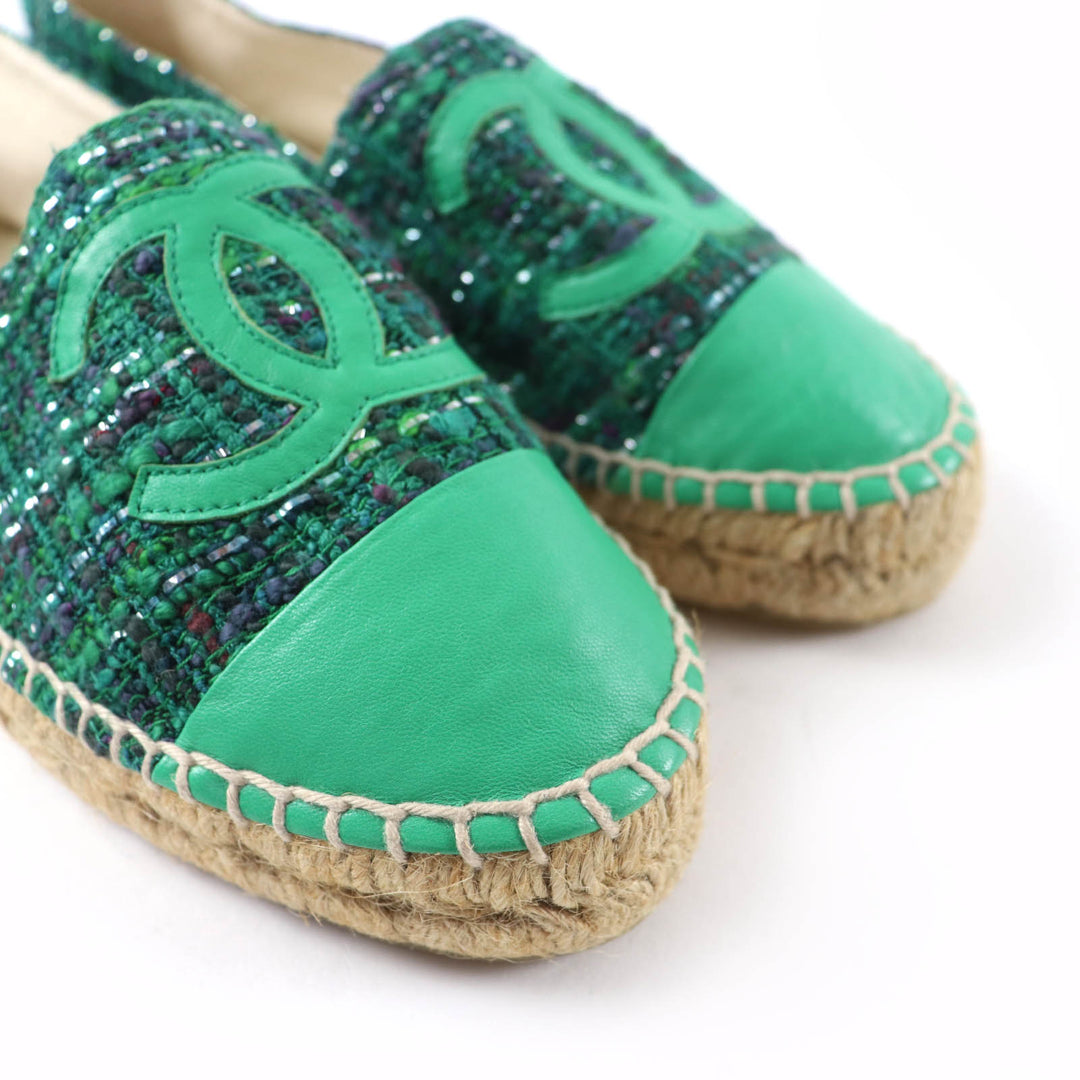 Excellent CHANEL shoes COCO Mark Fabric Espadrilles Tweed green Women 35 G29762