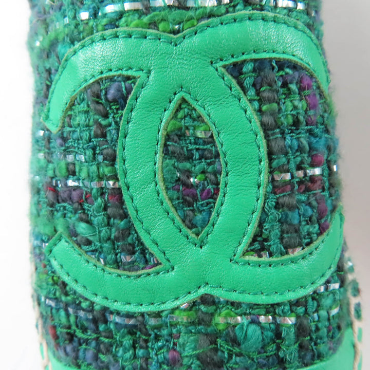 Excellent CHANEL shoes COCO Mark Fabric Espadrilles Tweed green Women 35 G29762