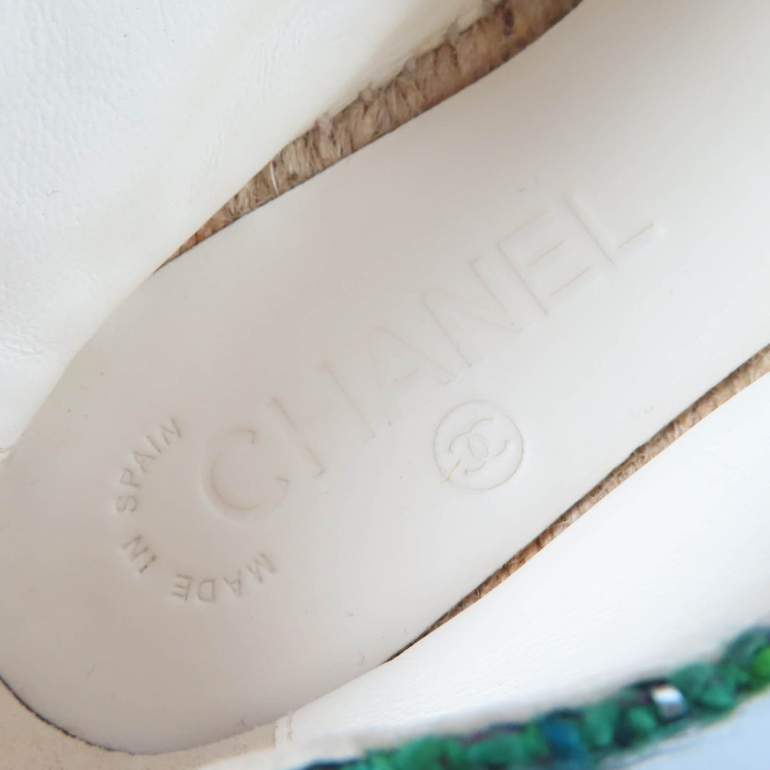 Excellent CHANEL shoes COCO Mark Fabric Espadrilles Tweed green Women 35 G29762