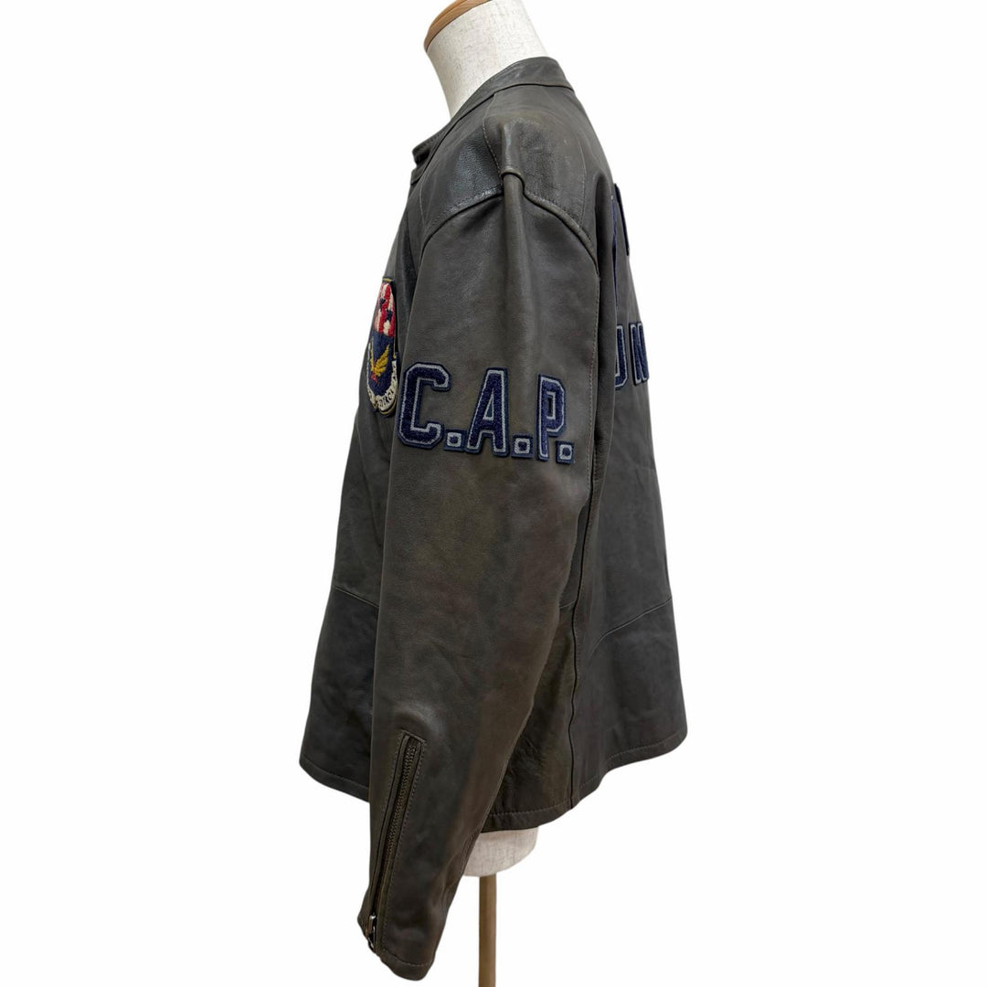 Discounted Very Good AVIREX leather jacket Patch Stand Collar Charcoal