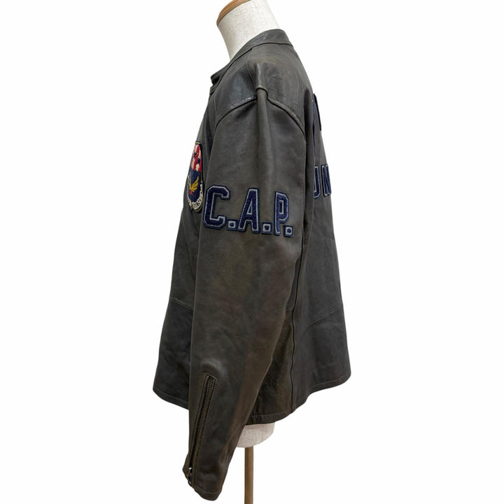 Discounted Very Good AVIREX leather jacket Patch Stand Collar Charcoal