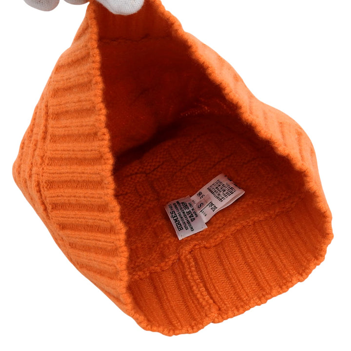Excellent HERMES Knit cap H logo knit hat Orange cashmere Women S