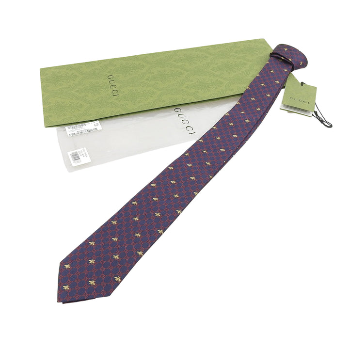 Pristine GUCCI tie BEE GG pattern Navy silk mens 545078