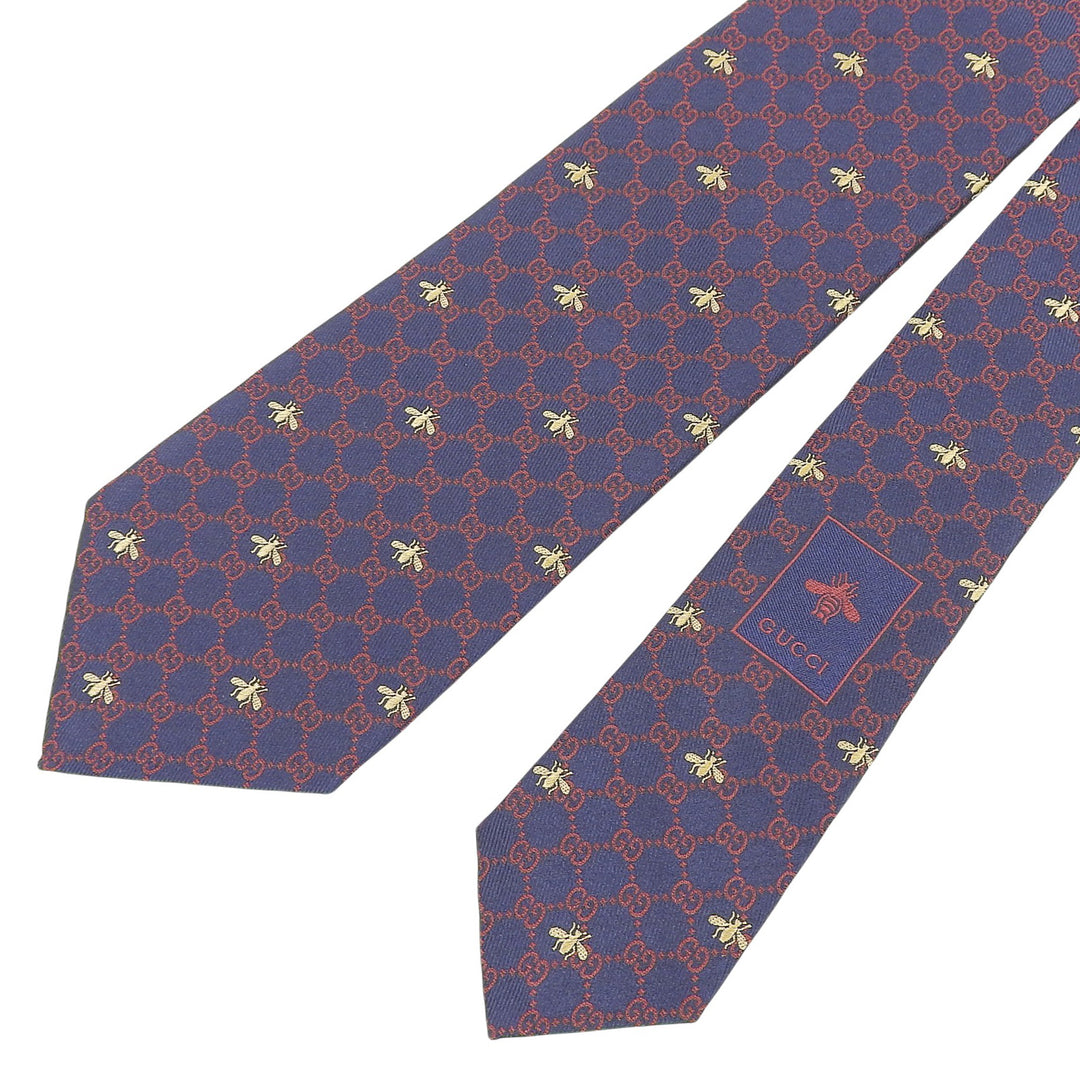 Pristine GUCCI tie BEE GG pattern Navy silk mens 545078