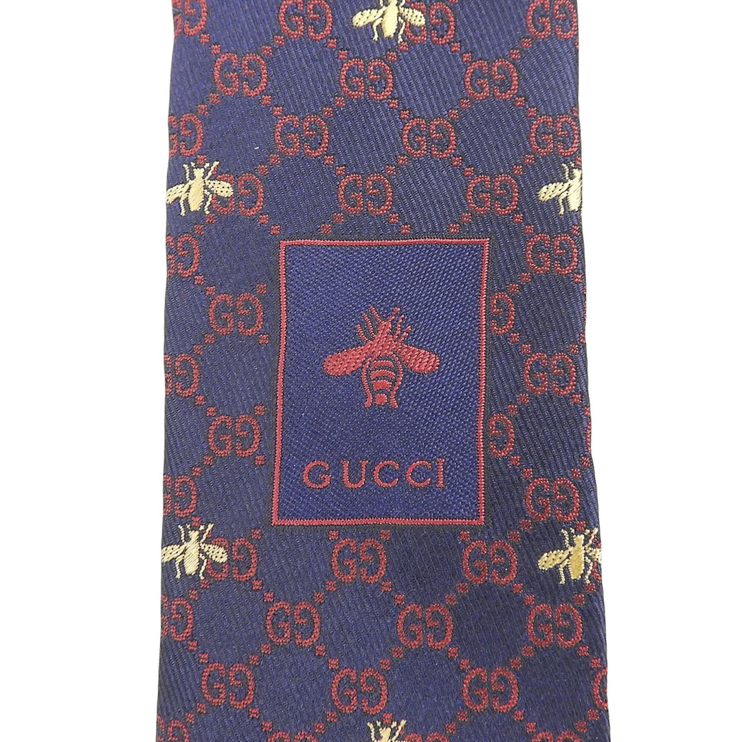 Pristine GUCCI tie BEE GG pattern Navy silk mens 545078